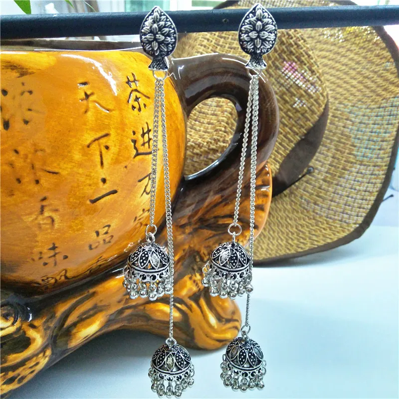 Jhumkas индийские женские серьги, длинные Винтажные серьги в виде цветка для женщин, богемные цыганские традиционные уникальные серьги с кисточками, элегантный подарок