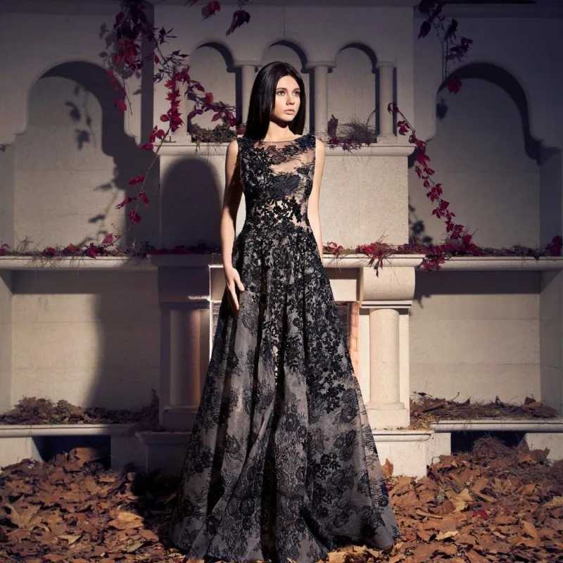 

Women Charming Black Lace A Line Evening Party Dress Vestido De Festa Longo Floor Length Fashion Gowns Custom Made