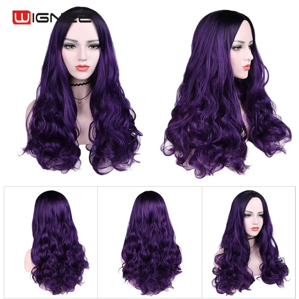 Purple Wig Wignee средняя часть синтетические парики для женщин термостойкие длинные волнистые парик натуральный черный/фиолетовый/розовый/Пепельный блонд/коричневый косплей парик - Цвет: Purple Wig