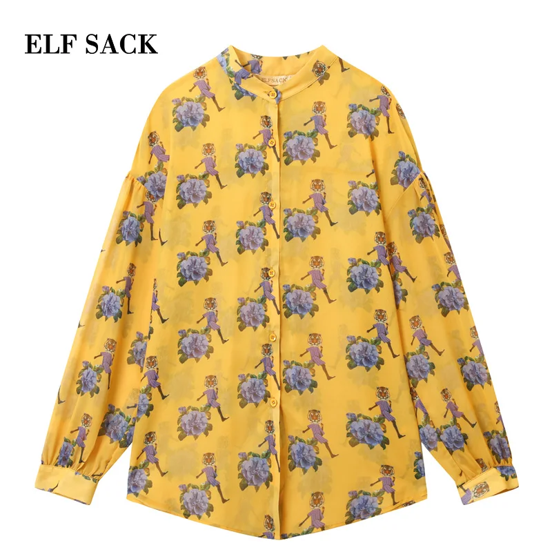 Женская трикотажная блузка ELFSACK Повседневная Свободная рубашка из хлопка с