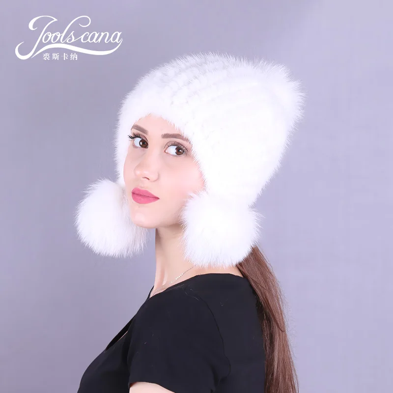 Зимние шапки JOOLSCANA для женщин, меховая шапка с помпоном, женская шапка, русская Меховая кепка, зимняя шапка из натурального меха норки, вязаные шапки с лисьим помпоном - Цвет: colour12