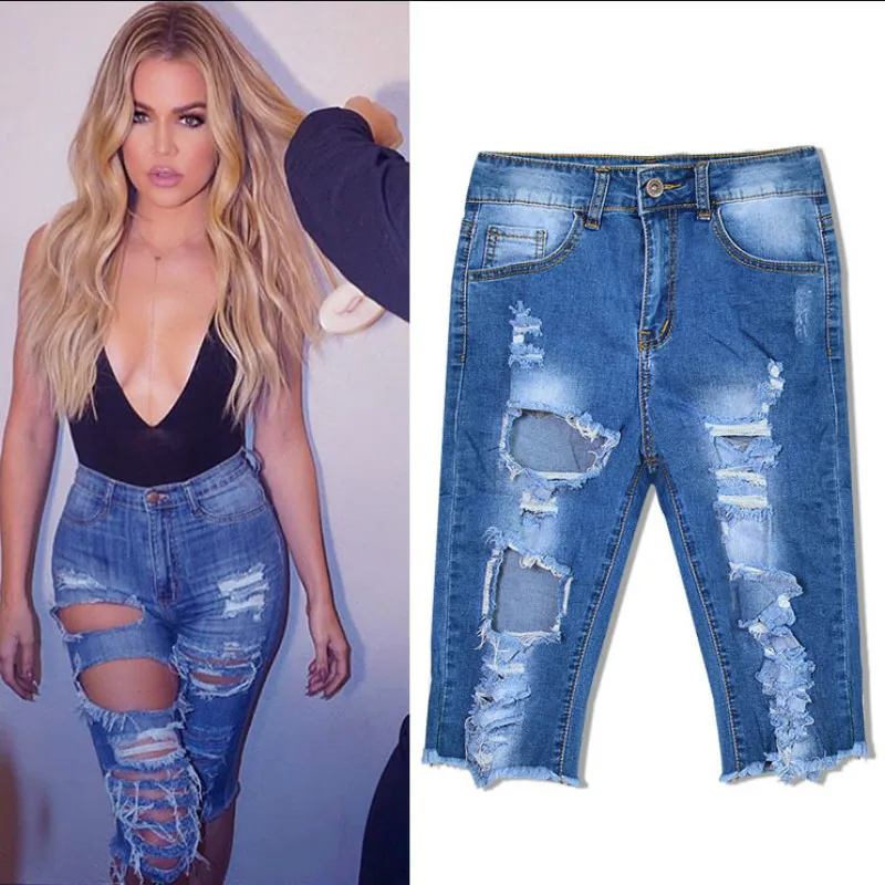 Женские рваные джинсы до колена с высокой посадкой|high waist ripped|jeans woman sexyhigh ripped jeans |