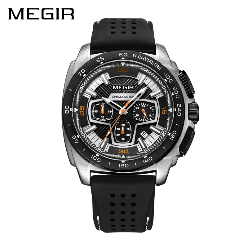 MEGIR, мужские часы, 30 м, водонепроницаемые, мужские часы, Топ бренд, Роскошные, силиконовый ремешок, часы с хронографом, мужские часы, Saat relojes hombre - Цвет: MN2056G-SILVER BALCK