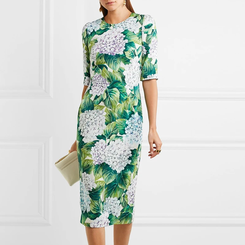 

2018 Autumn New Fashion Women Customize Plus Size 3XS-10XL Hydrangeas Flower Print Half Sleeve Slim Fit Runway Green Dress