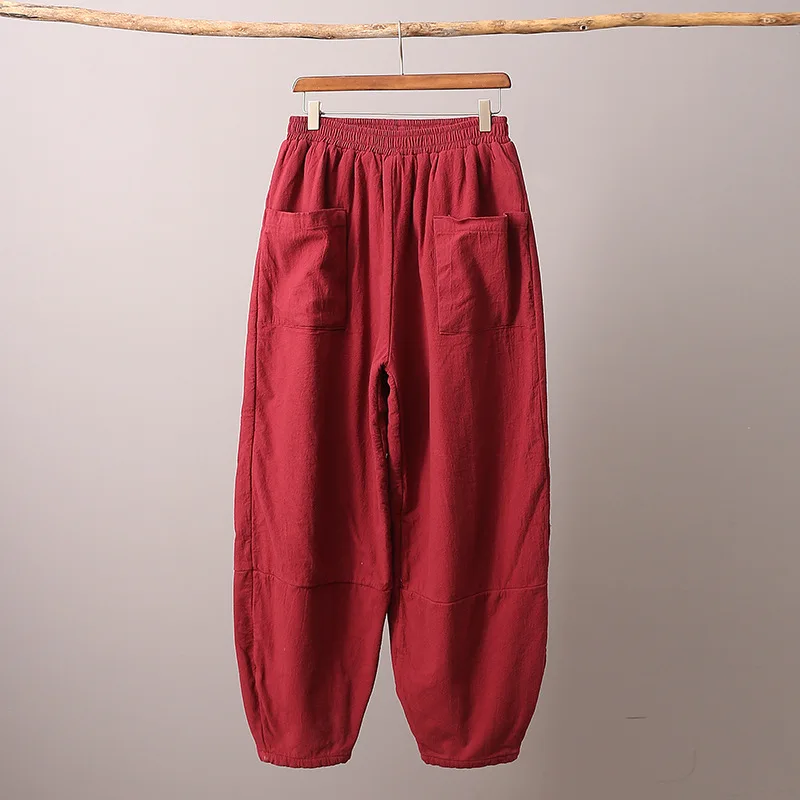 New women big size ramie trousers winter cotton linen wide pants cotton padded warm bottom top quality clothes for women