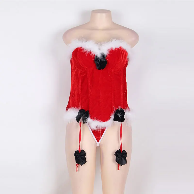 Comeondear сексуальный Рождественский корсет Espartilhos Com Ligas Sexys бондаж жгут AB2248 красный с белыми перьями стальной корсет