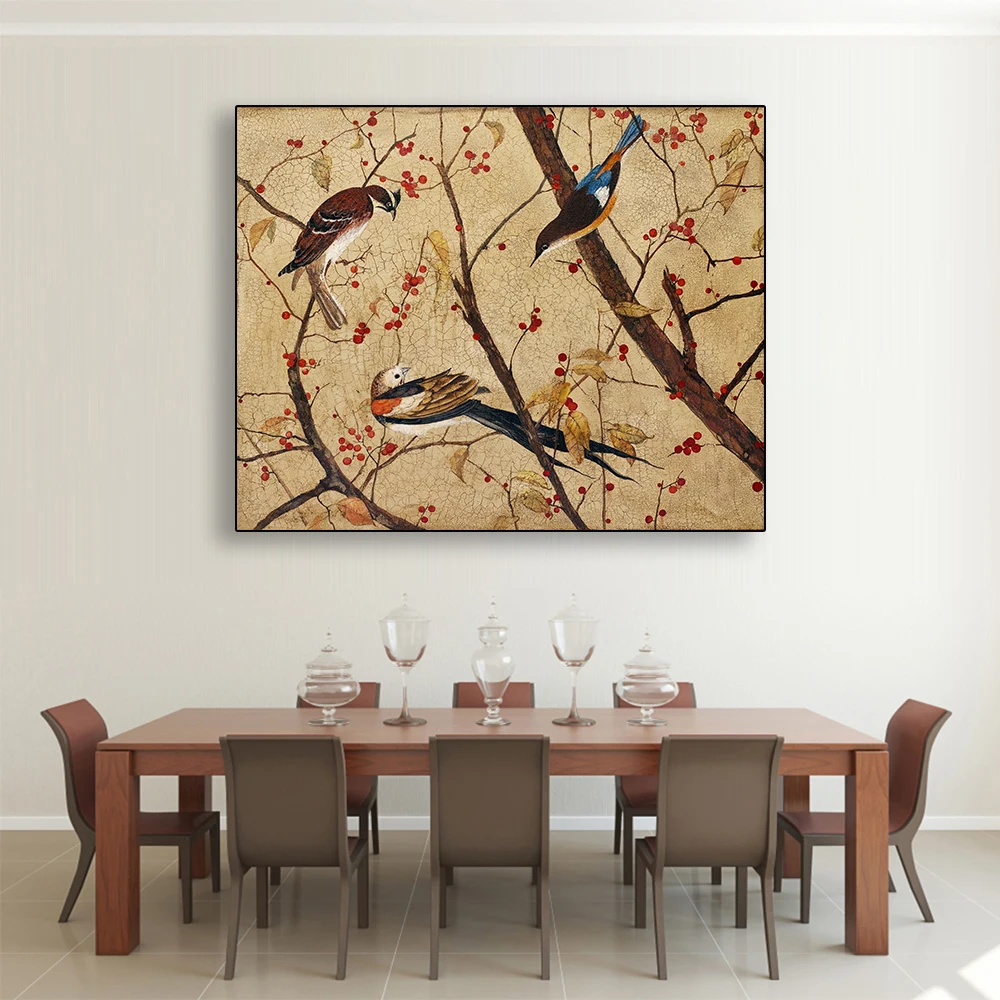 

Laeacco Canvas Calligraphy Painting Vintage Chinese Flower and Birds Posters and Prints Wall Art Pictures Living Room Home Decor