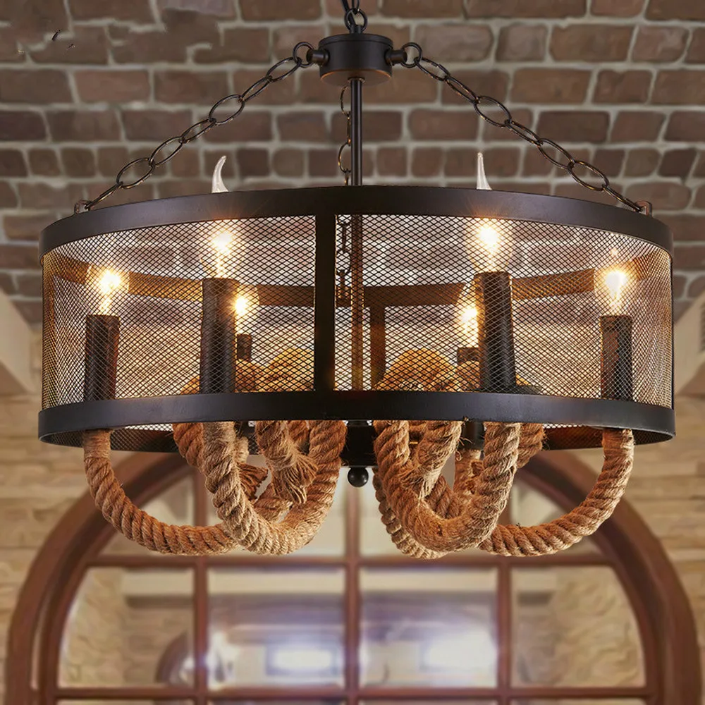 

Hemp rope pendant lights loft American country restaurant cafe bar light retro creative grid pendant lamp hanglamp led LU808173