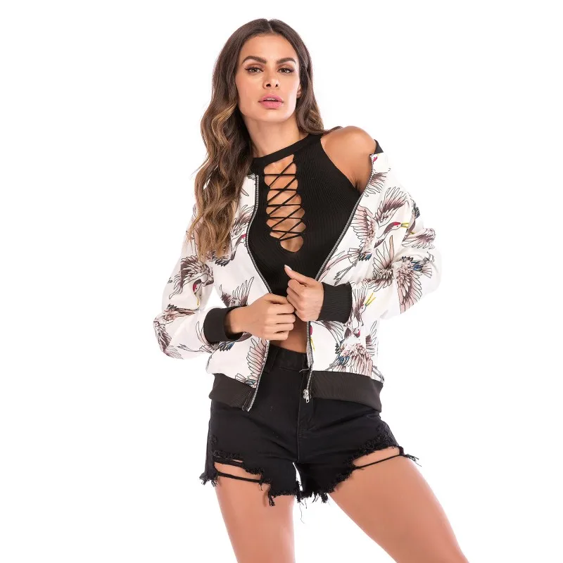 2019 Campus Women Coat and Outerwear Autumn Flying Crane Print Baseball Uniform Long Sleeve Stand Collar Jacket | Женская одежда