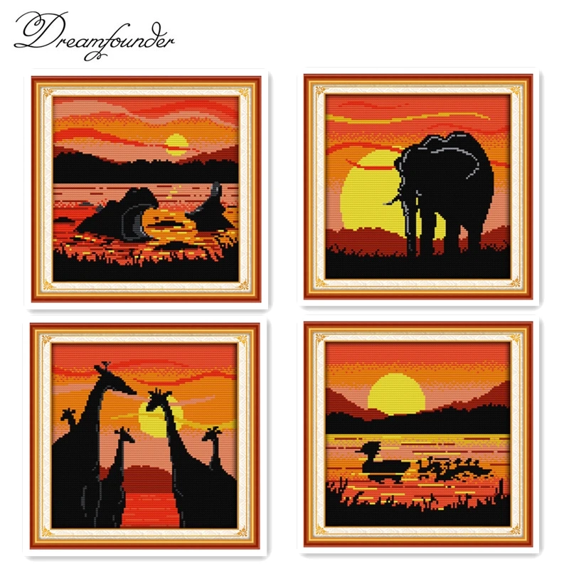 The sunset elephant cross stitch kit aida 14ct 11ct count printed canvas stitches embroidery DIY handmade needlework
