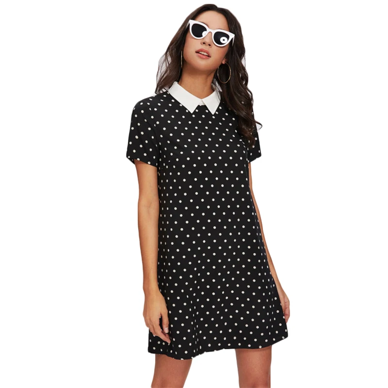 SHEIN Модное Платье С Контрастным Воротником Женское Летнее Черное Повседневное Платье С Короткими Рукавами