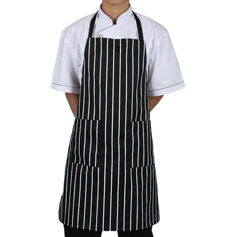 

2018 Hot sale Adjustable Black Stripe Bib Apron With 2 Pockets Chef Kitchen Cook Tool #25