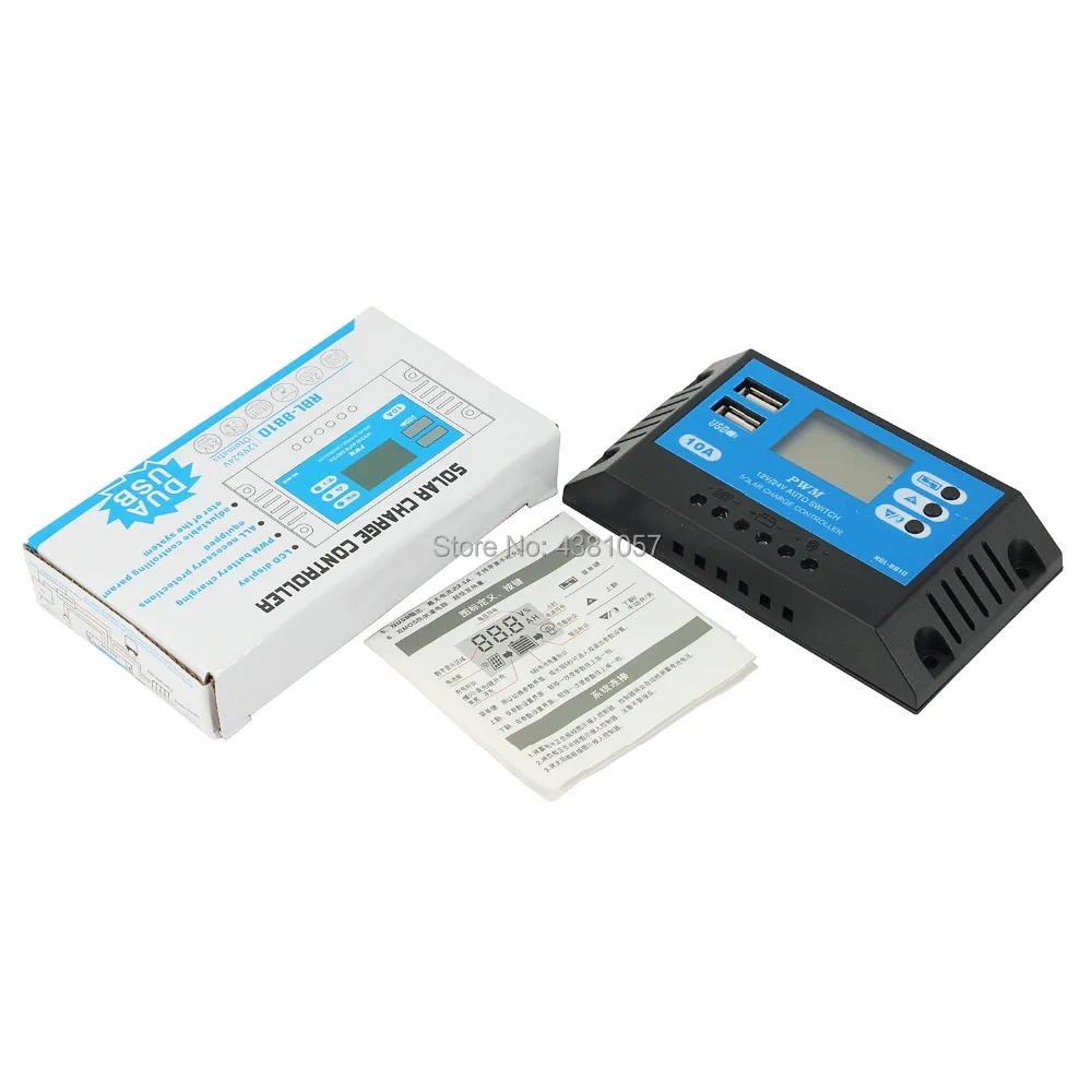 Солнечный контроллер заряда 10A PWM 12V 24V Авто lcd солнечное зарядное устройство с