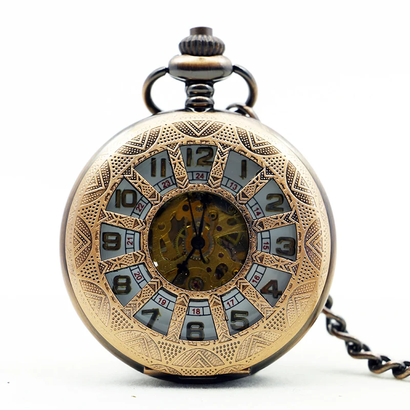 Antique Copper Hollow Digital Handwind Mechanical Pocket Watch Vintage Steampunk Fob Chain Watch for Men and Women Gifts
