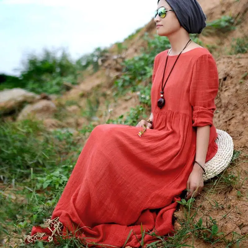 Женское льняное платье макси с длинным рукавом большого размера|maxi linen dress|linen