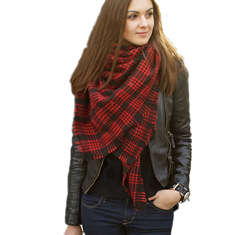 Женский черно красный клетчатый шарф потертая большая накидка клетчатые пашмины