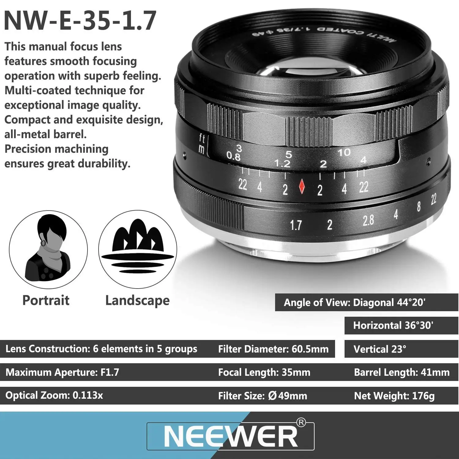 Neewer 35 мм F/1,7 с большой апертурой ручной основной APS-C с фиксированным объективом для sony E-Mount цифровых беззеркальных камер A7III A9 NEX 5 A6500