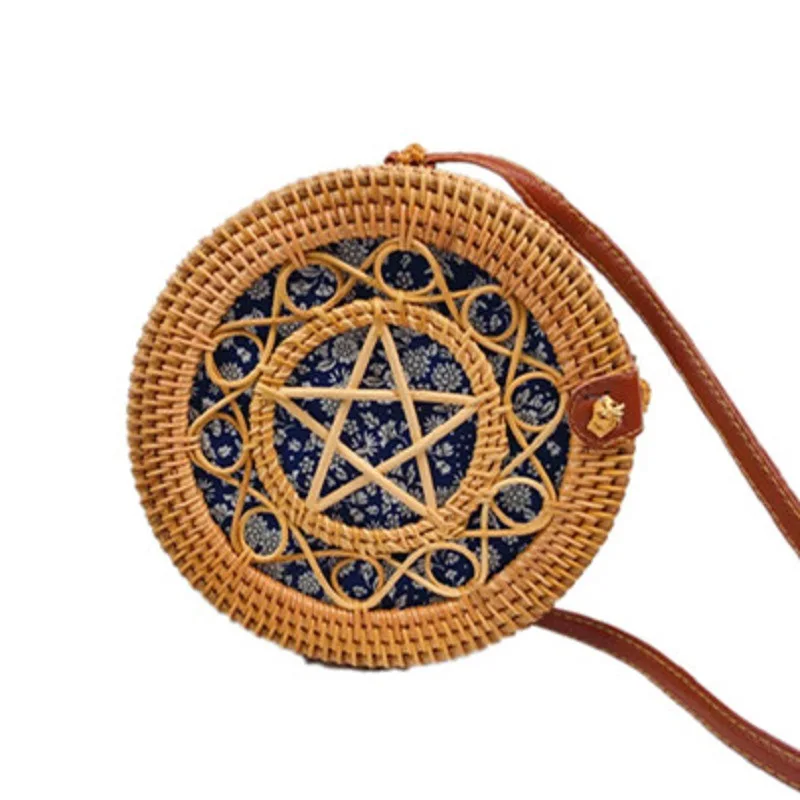 

Summer Travel Beach Bag Women Handmade Knitting Rattan Bag Casual Five-Pointed Star Ladies Shoulder Messenger Bag