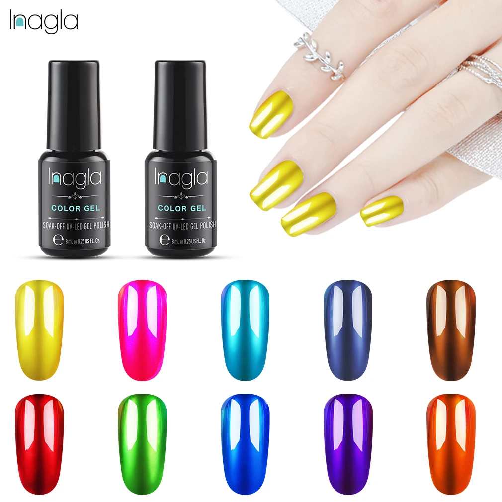 

Блестящий титановый Серебряный УФ-лак для ногтей Inagla, Гель-лак «сделай сам» из драгоценного камня, стеклянный гель для ногтей с металлическ...