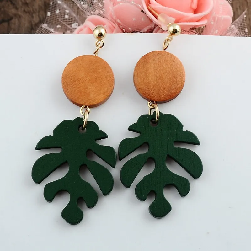 New Style Bohemian Monstera Leaf Dangle Drop Earrings Tropical Plant Wood Summer Beach Jewelry Party s for Women Girls|Серьги-подвески|
