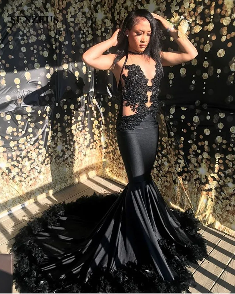Black Mermaid Prom Dress With Feathers Beaded Appliques Illusion Top Sexy Party Gowns Long Black Girl Dress vestido de gala