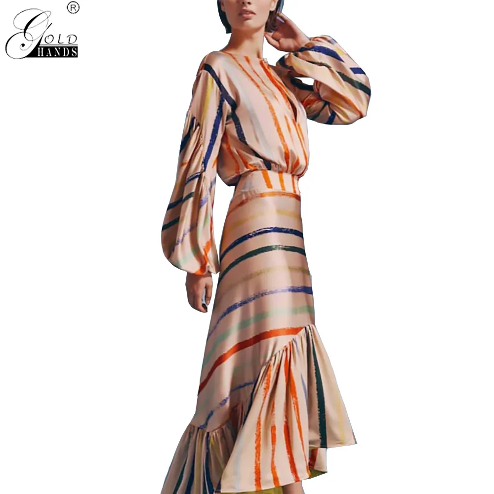 Золотое асимметричное Полосатое модное Повседневное платье с оборками и
