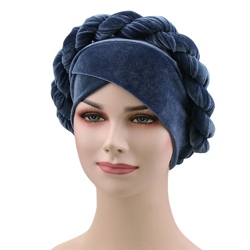 gray-blue Новая бархатная мусульманская шляпа для женщин в виде скрученной косы тюрбан кепки шляпы для химиотерапии банданы женские головные уборы аксессуары для волос платок - Цвет: gray-blue