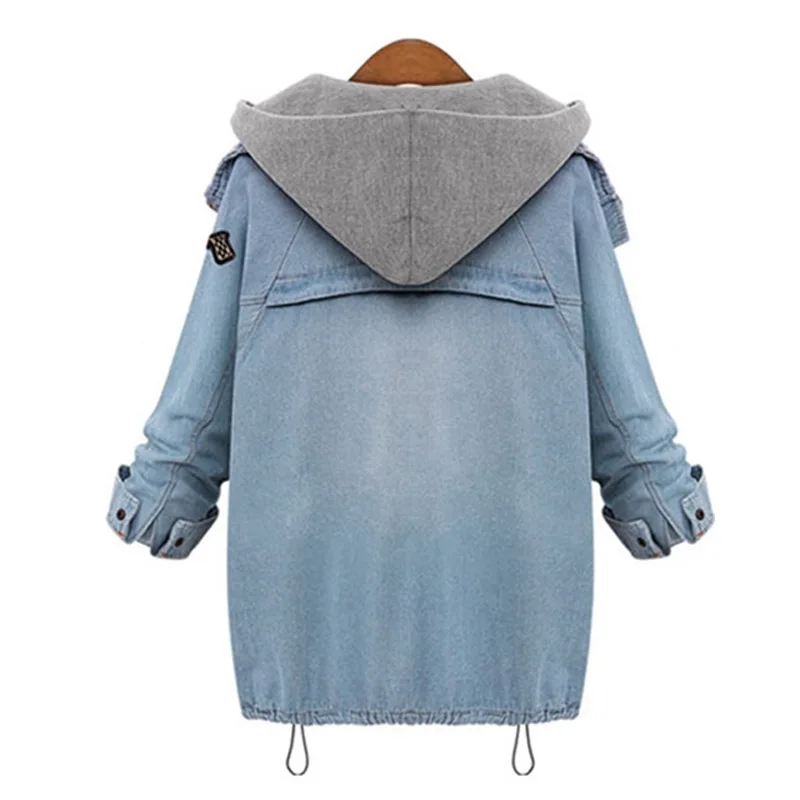 Женская джинсовая куртка с капюшоном синяя длинным рукавом на пуговицах модель