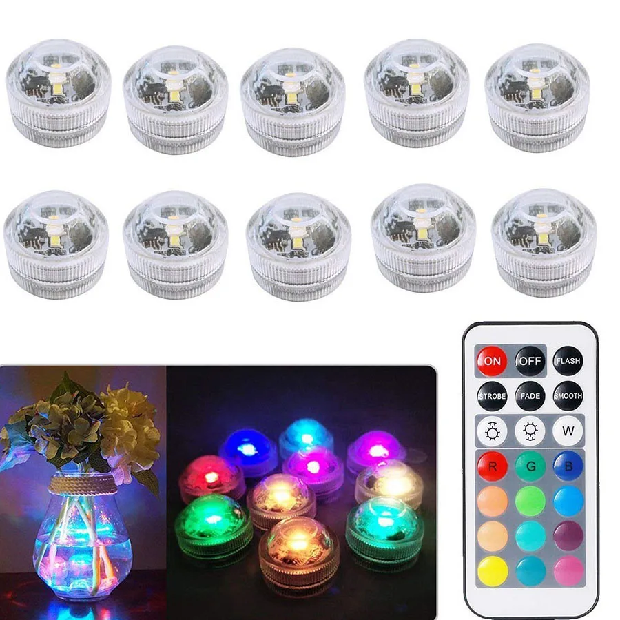 

10pcs Mini RGB Submersible LED Light Underwater Night Light Remote Conteol Waterproof Vase Bowl Fish Tank Wedding Party Decor