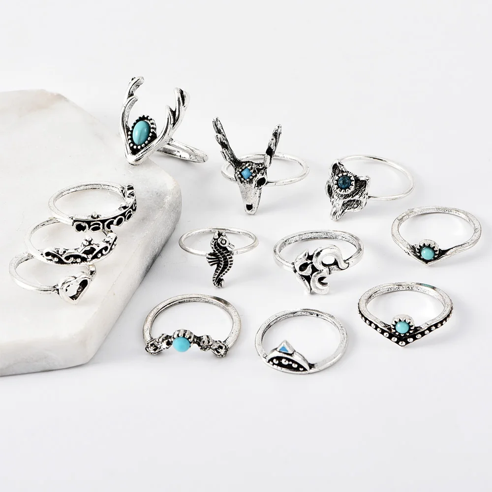 12 Pcs/Set Creative Silver Color Om Hollow Heart Letter Crown Deer Crystal Geometry Rings Halloween Jewelry Women Ring Set | Украшения и