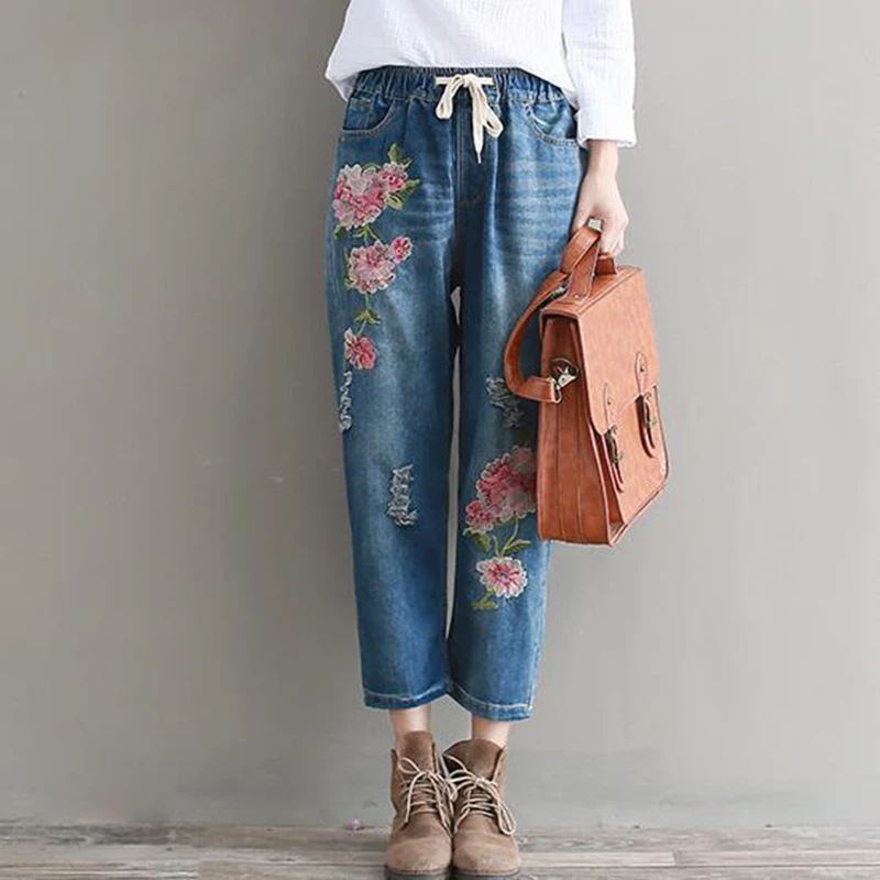 Джинсы Mom с вышивкой джинсовые брюки женские джинсы в японском стиле новинка 2018