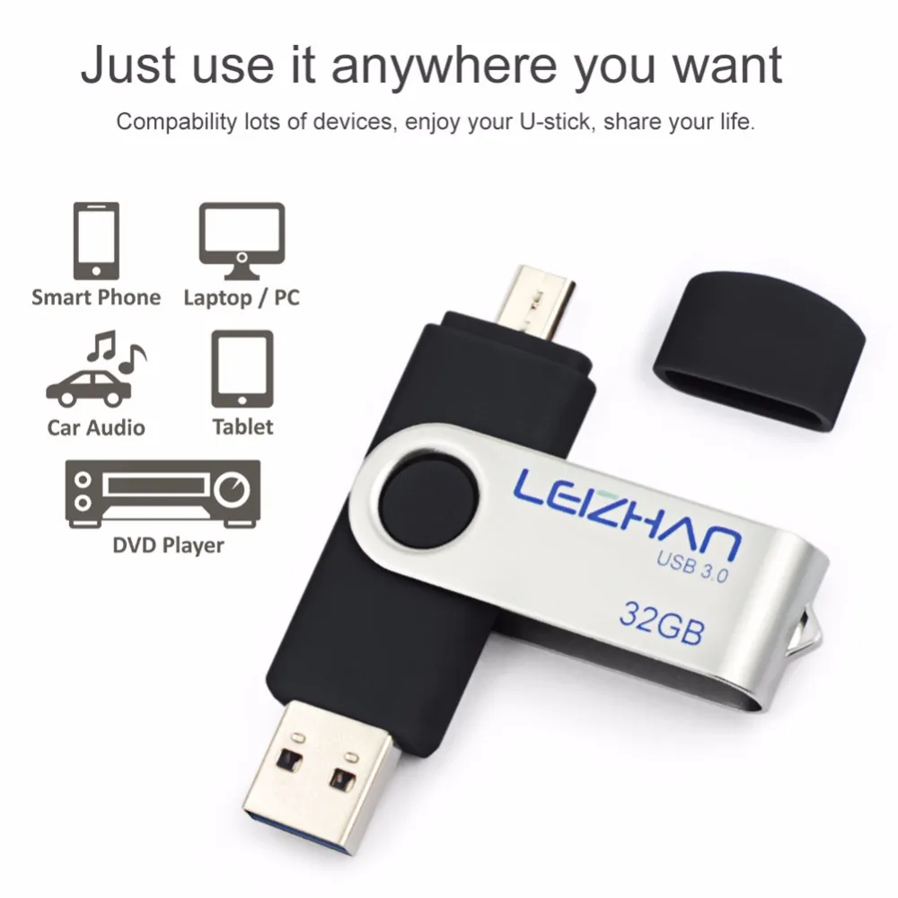 LEIZHAN USB 3 0 Android Флешка 128 ГБ Micro Phone Pen Drive 64 32 16 8 OTG флэш накопитель Рамочка для
