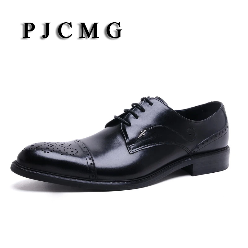 PJCMG New Fashion Men's Carved Genuine Leather Brogue Oxford Bullock Flats Vintage Lace Up Casual Business Gentle Dress Shoes | Обувь