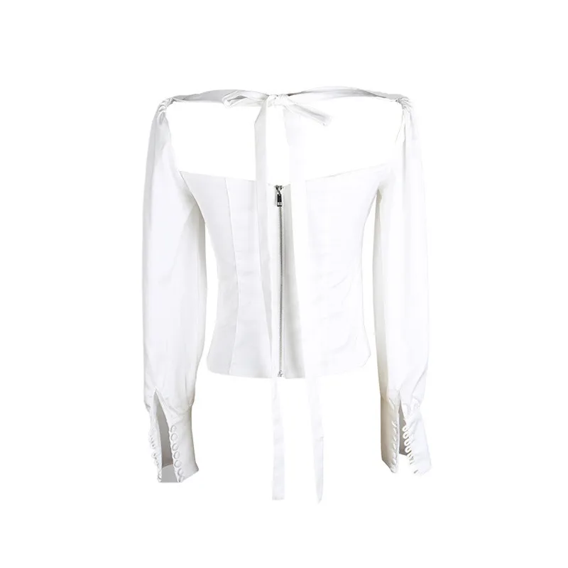 Женская винтажная блузка белая облегающая с длинным рукавом лето 2018|Блузки| |