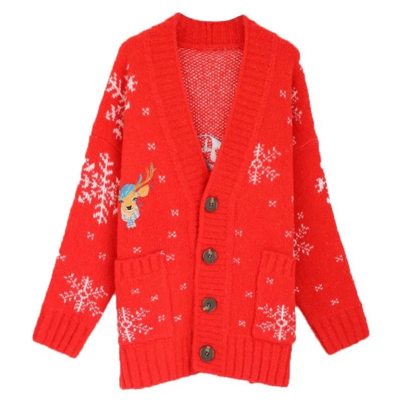 

2019 Fashion New Women's Cardigan Sweater Long Sleeve Embroidered Deer Long Thick Cardigan Wool Sweater Female Casual Trend W067