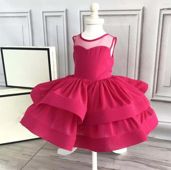 Puffy fuchsia flower girl dress for evening prom party ball gown knee-length baby layered tulle birthday with headpiece | Детская одежда