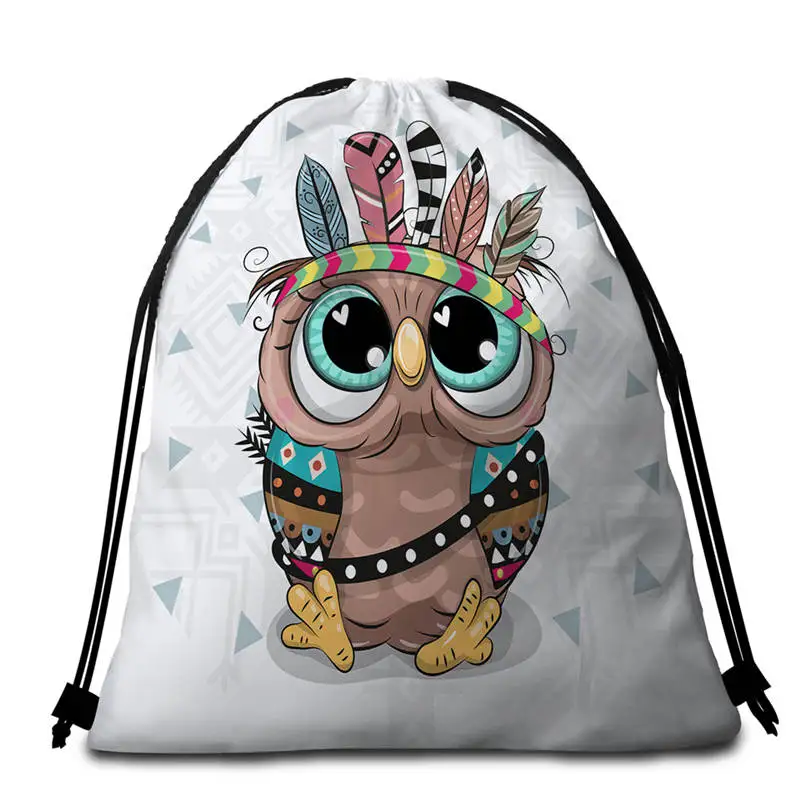 Owl DoubleSide Bag Постельные принадлежности Outlet мультфильм сова круглый пляжное полотенце ацтекский гобелен с геометрическим рисунком микрофибры Toalla Племенной Лев Мопс взрослых банное полотенце 150 см - Цвет: Owl DoubleSide Bag