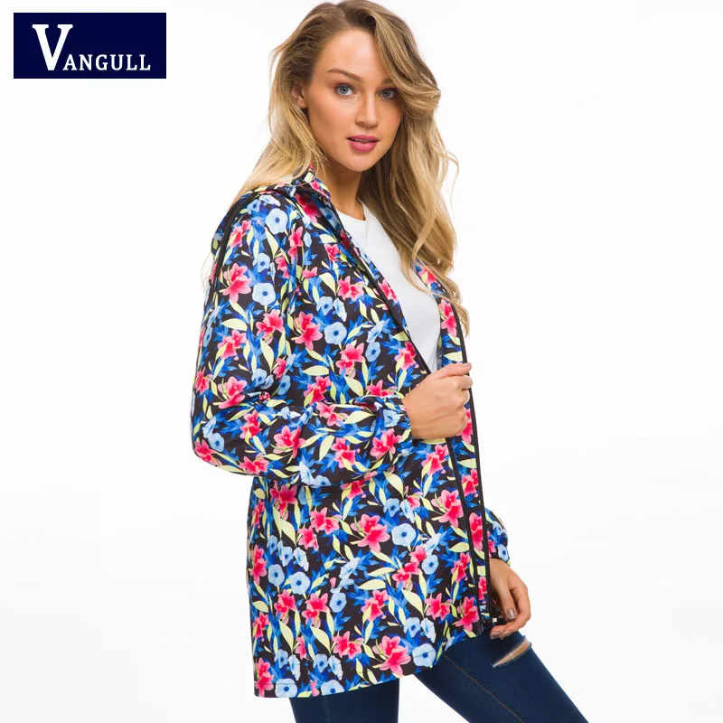 Vangull женские куртки с капюшоном новые осенние повседневные ветровки длинные базовые куртки пальто на молнии женские куртки с цветочным принтом