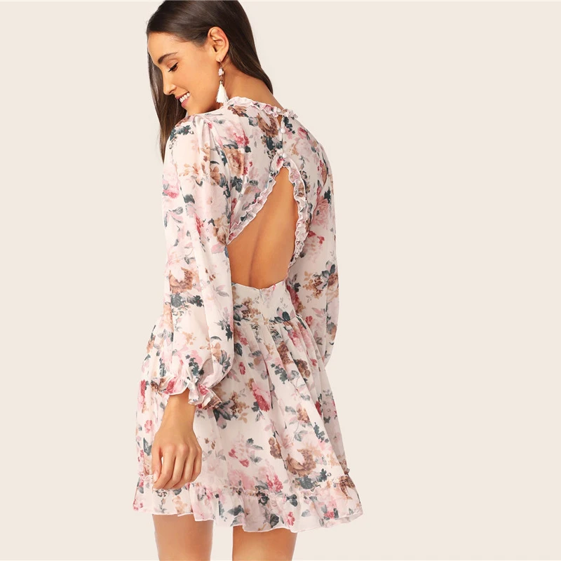 SHEIN модное платье с оборками на шее и цветочной отделкой, женское платье с открытой спиной, мини-платье с рукавом Бишоп, шифоновое весенне-летнее платье с высокой талией
