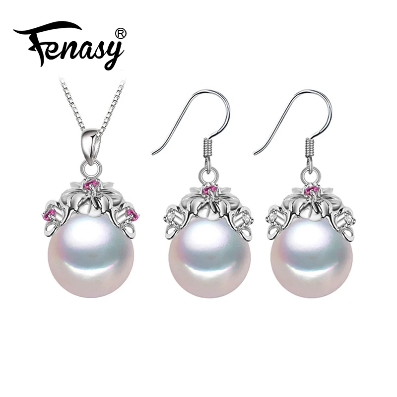 

FENASY 925 Sterling Silver Jewelry Sets Natural Pearl Earrings Bohemian Flower Stud Earrings Ruby Pendant Necklaces For Women
