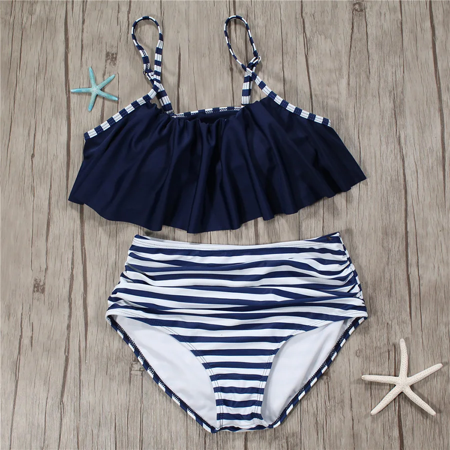 Купальник бикини 2020 с высокой талией женский купальник гофрированными полосками