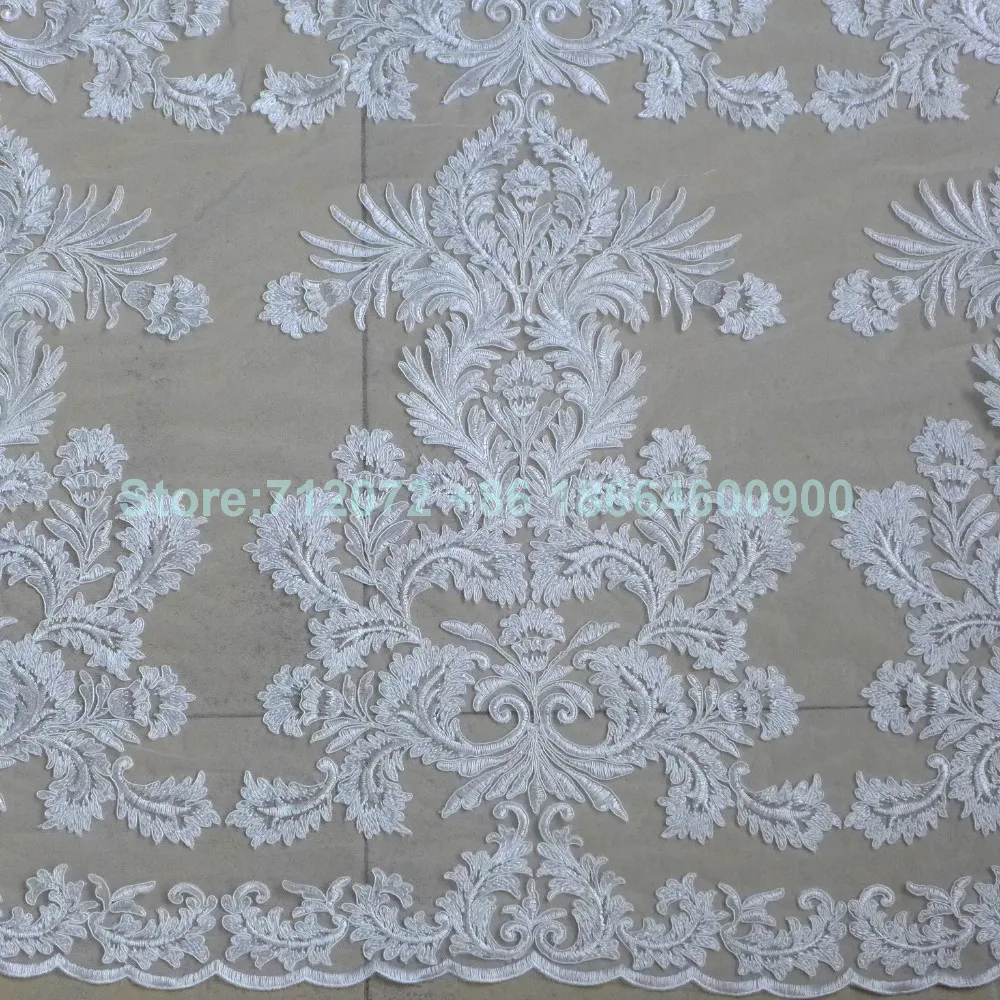 La Belleza pure white large pattern cord lace fabric heavy beaded fabric handmade beading lace gown lace fabric 1 yard