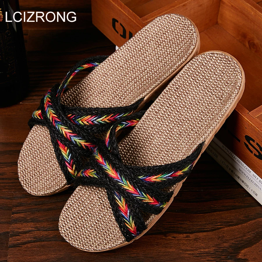 

LCIZRONG High Quality Soft Linen Home Slippers Women 35-45 Large Size Slapping Beach Flip Flops 6 Colors Unisex Family Slippers
