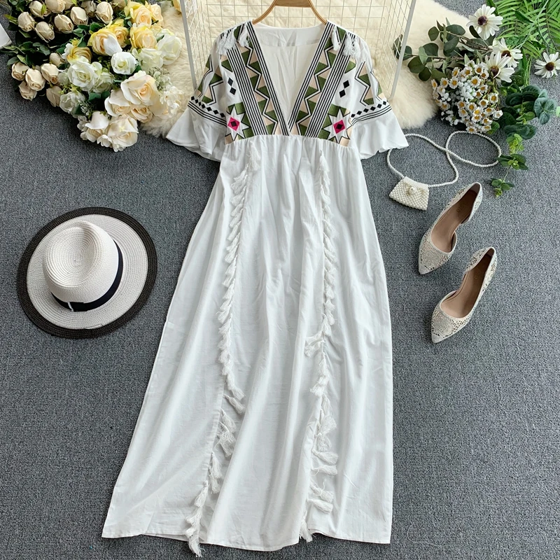 Платье женское с треугольным вырезом и кисточками геометрическим узором|Женские