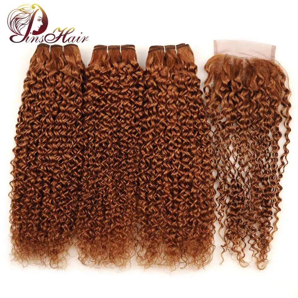 Pinshair блонд цвет 30 кудрявые вьющиеся пряди с закрытием человеческие волосы пряди с закрытием не Реми бразильские вплетаемые пряди