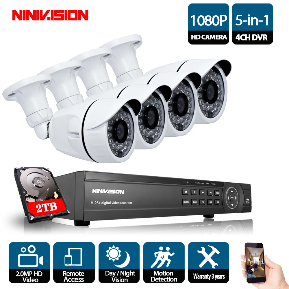 

NINIVISION домашняя 4CH 1080P AHD CCTV DVR система 4 шт. камеры видеонаблюдения 2,0 мегапикселей Улучшенная ИК Камера Безопасности система с 2 ТБ HDD