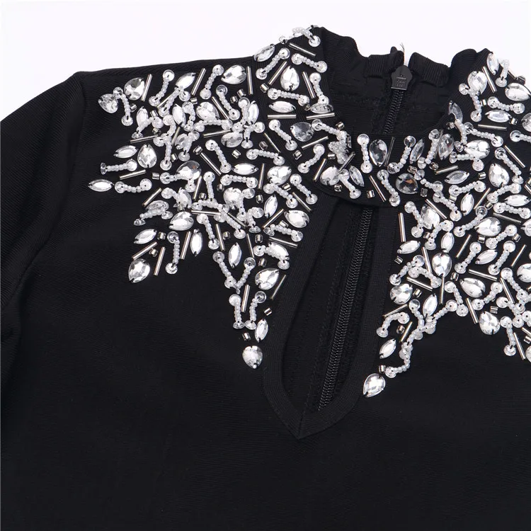 

High Quality Rayon Bandage Bodycon Dress Long Sleeve Keyhole Sexy Beading Party Club Dress Navy Blue Black