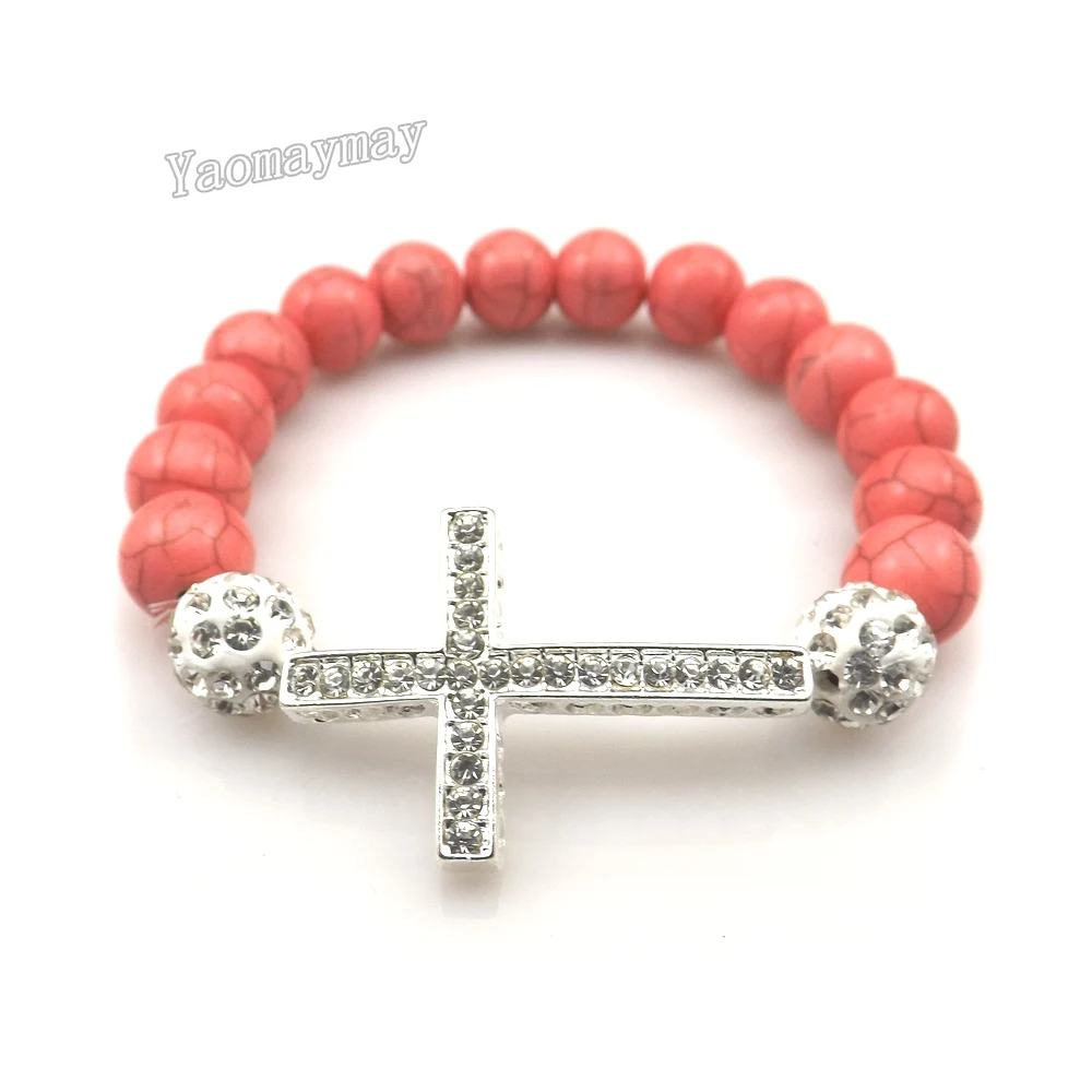 

12pcs/lot Silver Plated Sideways Rhinestone Cross Pink Turquoises Bracelets With Crystal Ball For Gift