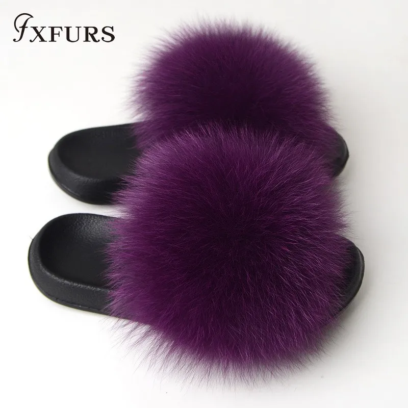 FXFURS/ г.; модные женские шлепанцы с лисьим мехом; сезон лето; пушистый мех; шлепанцы; пляжные скандалы; уличная ярмарка; шлепанцы; модная плюшевая обувь - Цвет: deep purple