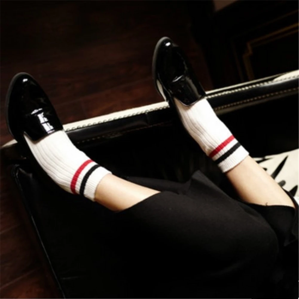 Women's fashion trend cotton white socks Japanese Harajuku style two bar stripes casual college wind girls wild breathable | Женская